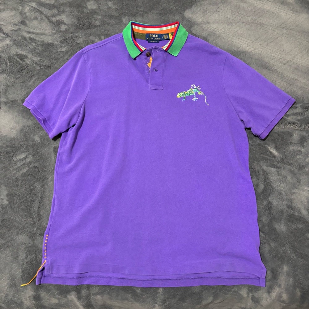 Polo Ralph Lauren Purple Lizard Shirt Green Collar Mens Large